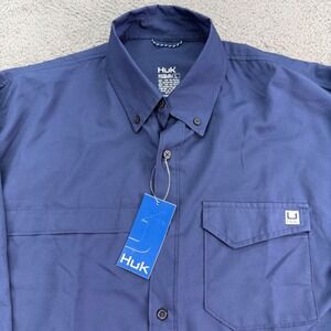Huk Tide Point LS Shirt Mens L Navy Bl Performance Fishing Button Down H1500172